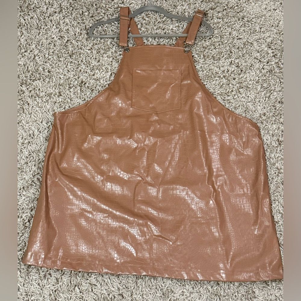 Brown Faux Leather Overalls Skirt